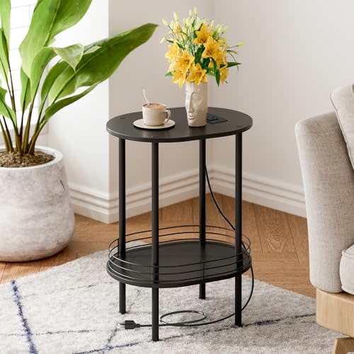DGSANDGO Small Round Side Table with Charging Station,Bedside Table with 2 USB Ports and Outlets, Morden Round Nightstand, Samll Side Table for Living Room,Bedroom, Nursery, Laundry, Black