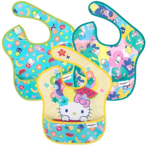 Bumkins Bibs for Girl or Boy, SuperBib Baby and Toddler 6-24 Months, Essential Must Have for Eating, Feeding, Baby Led Weaning Supplies, Mess Saving Catch Food, Fabric 3-pk Hello Kitty and Friends