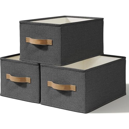 LayerSpace 3 Pack Fabric Storage Bins for Shelves | 14.75x10.25x8.25 in Storage Baskets | Fabric Closet Organizers with Handles Home Organization | Linen Clothes Storage Bins | Light Gray