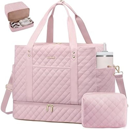 LOVEVOOK Large Travel Duffle Bag for Women, 45L Weekender Bags with Shoe Compartment & Wet Pocket, Quilted Carry On Personal Item Bag, Overnight Hospital Bags for Labor Delivery Pink