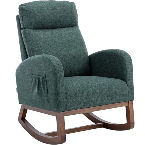 Dolonm Nursery Rocking Chair for Living Room, Upholstered Mid-Century Modern Nursery Rocking Armchair Tall Back Accent Glider Rocker, Emerald