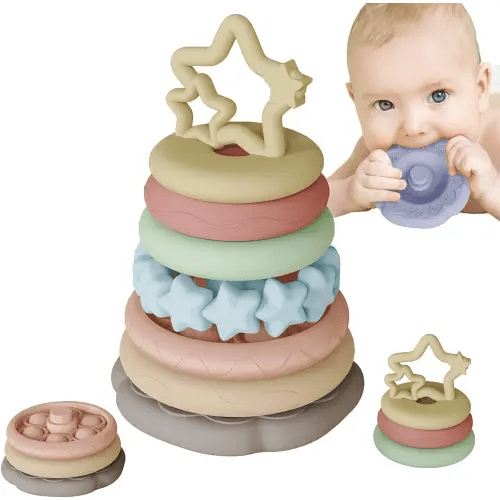 Sensory Baby Teething Toys, Stacking Rings Toys for 1 2 One Year Old, 7 Piece Teether Set Baby Girl Boys Shower Gifts, Newborn Essentials for 6-12-18 Months, Infant Developmental Montessori Toys