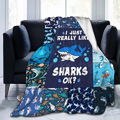 Shark Blanket Blue Fish Sharks Throws Cartoon Ocean Print Plush Blankets Fleece Fuzzy Gifts for Girls Boys Super Soft Warm Cozy Stuffed Animal for Couch Bed Sofa Decor for Men Women Kids 50"x40"