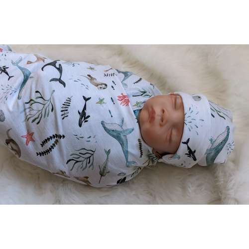 Under the Sea Ocean Baby Wrap + Band or Beanie,  Whale Swaddle with Narwhal Pacific Ocean Animals Watercolor on Soft Knit