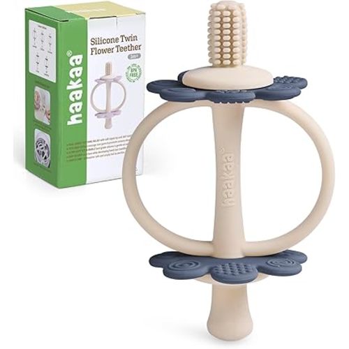 haakaa Silicone Twin Flower Teether,Nipple-Shaped End for Gum Massage,360° Baby Toothbrush Head for Self-Brushing Training,Easy to Grip-Steel Blue