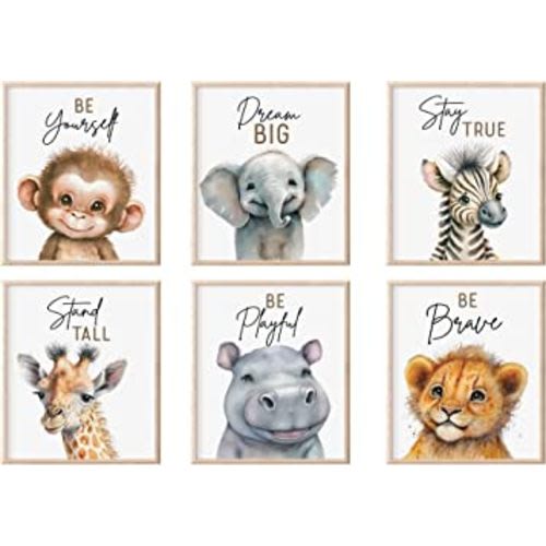 Cute Safari Nursery Decor Jungle Themed Wall Art, Set of 6 UNFRAMED 8x10 Prints, Baby Room Decor Boy or Girl Motivational Quotes