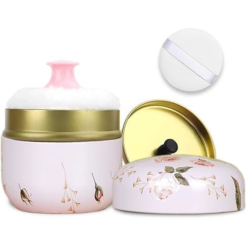 SHIMIDO Body Powder Puff and Container, 3.15" Portable Empty Body Powder Container for Baby Women's Loose Dusting Powder, Powder Case Box with Lids for Bath, Travel and Home Use (Old time)