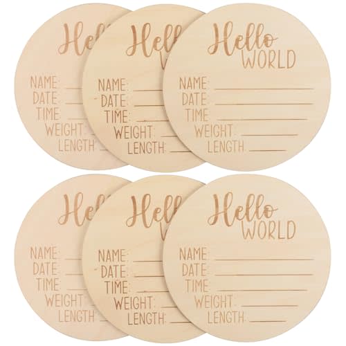 Hagao Hello World Wooden Birth Announcement Disc, Premium Birch Wood Round Plaque with Deep Etched Lettering, Newborn Baby Information Display Board 6PCS