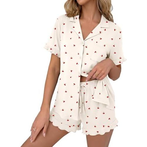 Ekouaer Pajamas Set for Women Button Down Pjs Lounge Sets Ruffle Short Sleeve Sleepwear Cute Loungewear