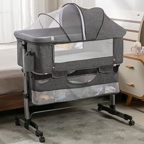 Baby Bassinet, Bedside Sleeper with Wheels, Heigt Adjustable, for Infant/Baby/Newborn Girls & Boys 0-6 Months, Grey