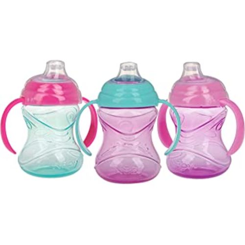 Nuby 3 Piece No-Spill Grip N’ Sip Cup with Silicone Soft Flex Spout, 2 Handle with Clik It Lock Feature, Girl,10 Ounce