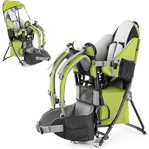besrey Baby Backpack Carrier, Toddler Hiking Backpack with Safety 3-Height Seat, Adjustable Straps&Waist Belt, Foldable Frame Lightweight Large Capacity Child Carrier for Hiking (Green)
