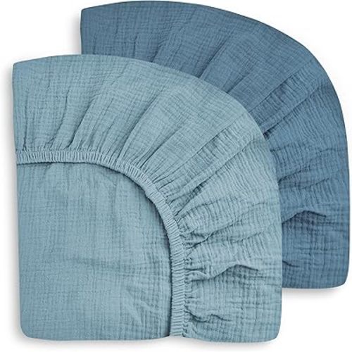 SWEET DOLPHIN 2-Pack Muslin Crib Sheets for Boys & Girls, Ultra Soft Breathable 40S Long-Staple Cotton Fitted Baby Sheets for Standard Crib Mattress 52"x28", Light Navy- Nursery Essentials