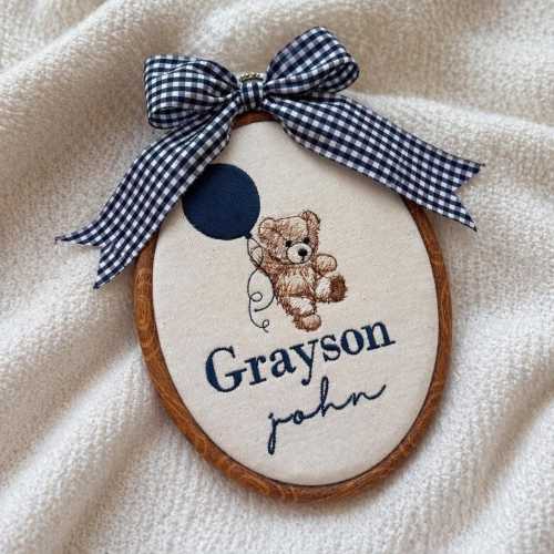 Custom Embroidered Oval Teddy Bear Baby Name Sign Gender Neutral Baby Name Reveal Hospital Birth Announcement Nursery Decor