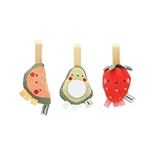 Pearhead Fruit Stroller Toys, Plush Corduroy Baby Travel Car Seat Toy Set, Baby Hanging Interactive Toys, Gender-Neutral Baby Travel Accessories, Strawberry Avocado Watermelon Set of 3