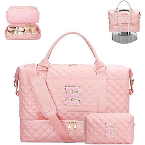 Gifts for Women Initial Travel Duffle Bag Quilted Weekender Carry-On Overnight with Cosmetic Bag, Gym Bag with Shoe Compartment Hospital Bag for Labor Delivery, Pink E