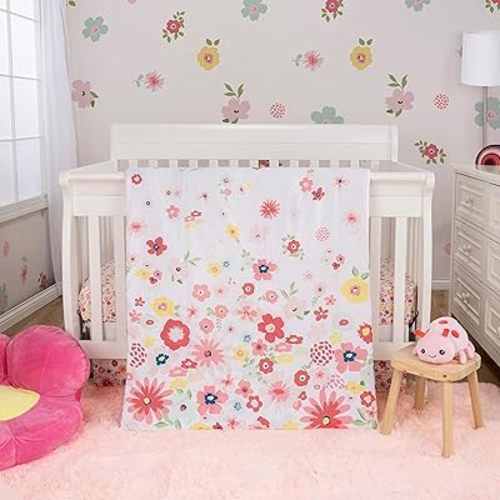 Sammy & Lou Floral Sprinkles 4-Piece Baby Nursery Crib Bedding Set for Girls, Includes Quilt, Fitted Crib Sheet, Crib Skirt, and Plush Toy