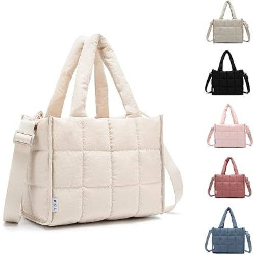 NOL Natural Organic Lifestyle Women's Nylon Lunch Cooler Quilted Tote Bag Puffy Insulated Lunch Bag for Women, Lightweight Waterproof Lunch Box for Work, Picnic, Outdoors, Cream