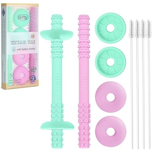 Giftty Teething Tube with Safety Shield Baby Hollow Teether Sensory Toys Gum Massager, Food-Grade Silicone for Infant 3-12 Months Boys Girls, 1 Pair with 4 Cleaning Brush Included (Cyan+Orchid)