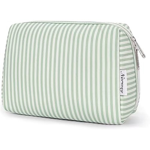 Narwey Striped Makeup Bag Travel Cosmetic Bag Organizer Toiletry Bag Make Up Bags with Compartments for Women Girls (Large, Mint Green Stripe)