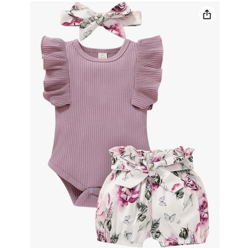Tiny Cutey Baby Girl Clothes Infant Summer Outfits Set Ruffle Sleeve Romper and Floral Shorts with Headband