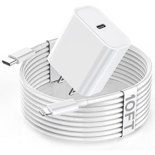 Apple Fast Charger, 10FT Extra Long Fast iPhone Charger Travel Plug Adapter 20W Super Quick Apple Charging USB C Wall Charger Block with 10Foot Lightning Cable Cord for iPhone 14/13/12/11/X/XR/SE/iPad