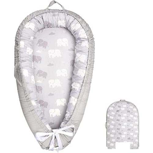 Baby Lounger Replacement Cover, Newborn Lounger cover for 0-12 Months, Breathable & Portable Infant Lounger Case, Soft Baby Floor Seat Cover for Travel, Machine Washable (Cover Only), Grey elephants