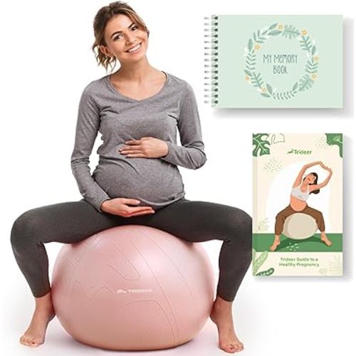 Trideer Pregnancy Birthing Ball - 1.7mm Extra Thick Yoga Ball for Maternity, Labor, Exercise, Physio, Recovery - Guide & Baby Memory Book Included - 440LB Anti-Burst & Non-Slip Stability