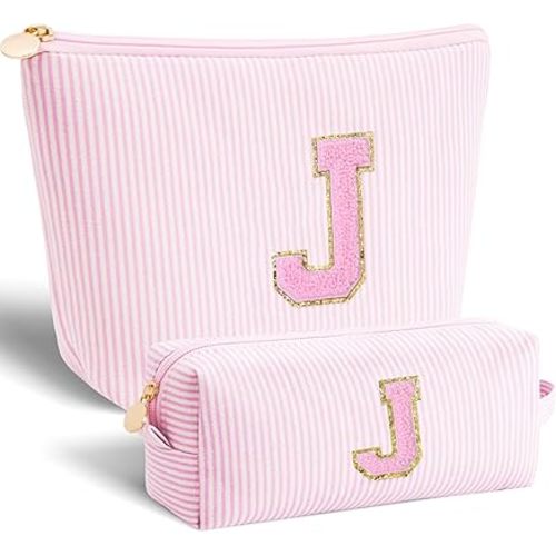 Monogrammed Gifts for Women - Cosmetic Bag for Teen,Initial Cute Makeup Bag Set for Women,Trendy Pouch for Niece Sister Friend Female Her,Birthday Gifts for Daughter - Pink,J