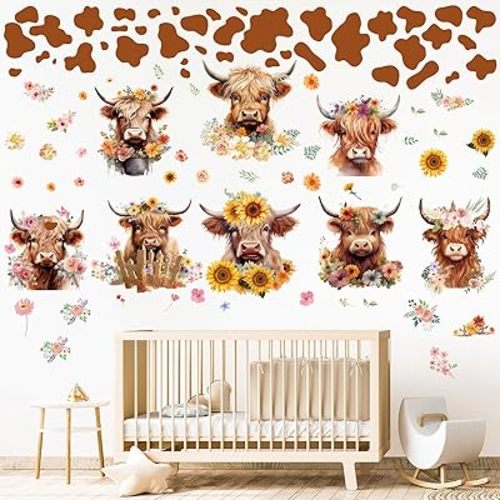 Highland Cow Wall Decals - Cow Print Wall Stickers Decor Flower Wall Sticker Removable Floral Wall Murals Peel and Stick for Kids Baby Bedroom Nursery Playroom Bathroom Living Room Wall Decor