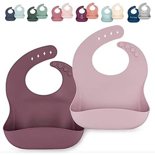 Waterproof Silicone Bib Set with Adjustable Neck Closure - Durable Silicone Bibs for Babies - Set of 2