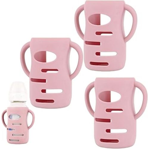 3 Pack Silicone Sleeves Compatible With Dr Brown Wide-Neck Glass Baby Bottles 5oz,9oz, 100% Silicone Handles for Sippy Cups for Toddlers 1-3,Anti Breakage (Pink, 9 OZ)