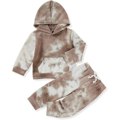 GRNSHTS Toddler Baby Boy Tie Dye Pants Set Hoodie Pocket Top Long Pants 2PCS Fall Winter Outfits Clothes - 12-18 Months - Brown