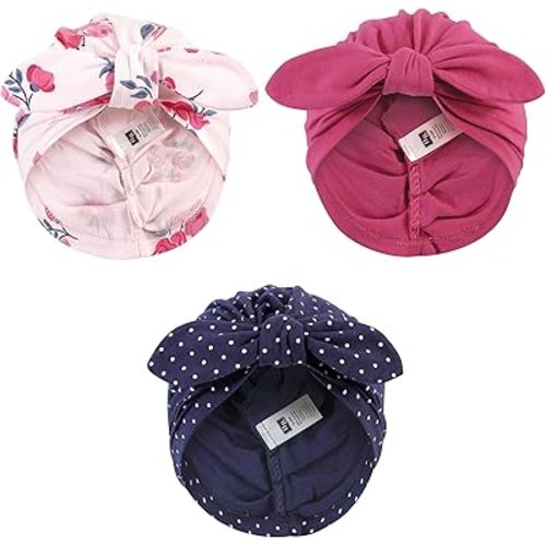 Hudson Baby Baby Girls Turban Cotton Headwraps, Pink Navy Floral, One Size