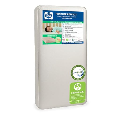Sealy Baby Posture Perfect Breathable Crib Mattress, GREENGUARD Gold Certified, Made in USA, 2 Stage Hybrid Memory Foam & 150 Premium Coils, Toddler Bed Fit, Safety & Quality Tested, 52x28"