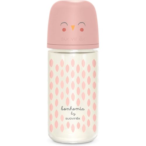 Suavinex Bonhomia Glass Baby Bottle with SX PRO Silicone Nipple, Anti Colic Baby Bottles, Baby Bottles for Breastfed Babies, Medium Flow, 3mo, 8oz, Pink