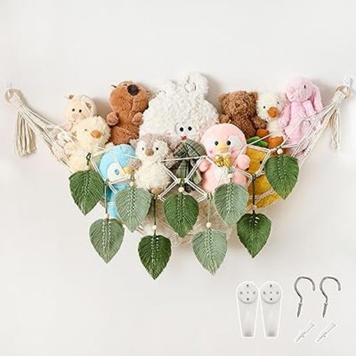 Pretty Jolly Stuffed Animal Hammock with Leaves Moon Shaped Boho Macrame Wall Hanging Organizer, Hanging Stuffed Animal Storage, Nursery Room Decor for Girls Boys (Green)
