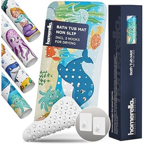 Bath Tub Mat Non Slip Anti Mold for Kids BPA Free INCL Hooks - homerella® Ocean Sea Animals 40x16, Baby Bath Mat Non Slip 200 Suction Cups, Non Toxic Machine Washable Toddler EU Certified -Magic Sea