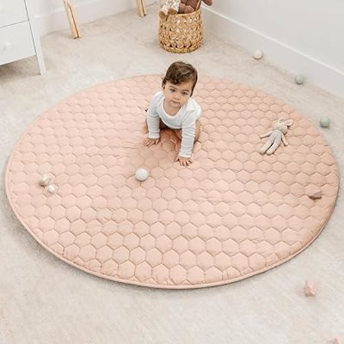 Comfy Cubs Round Kids Play Mat - Large 60 inches Soft Quilted Baby Floor Mat with Non-Slip Bottom - Plush Design for Toddlers' Playtime and Relaxation - Comfortable and Durable - Blush