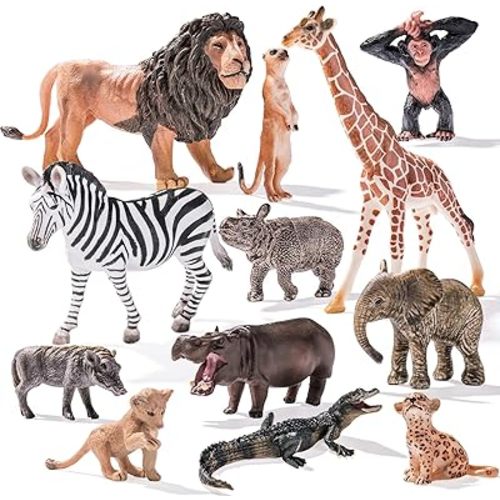 12PCS Large Solid Safari Animals Figures Toys, Realistic Jungle Wild Animal Figurines Includes Lion,Tiger,Crocodile Toys for Toddlers Kids 3-5 Years Old, Birthday Gift Party Favors for Kids