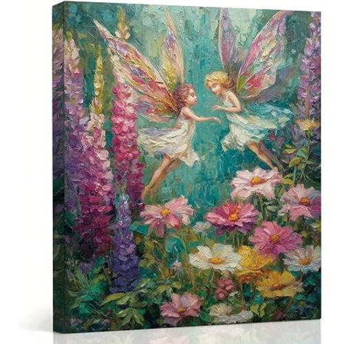 RTVJTERQ Magical Fairy Wall Art, Whimsical Garden Fairies Canvas Print, Dreamy Flower Fairy Decor for Girls Bedroom Nursery, Ready to Hang, 8x10 Inches