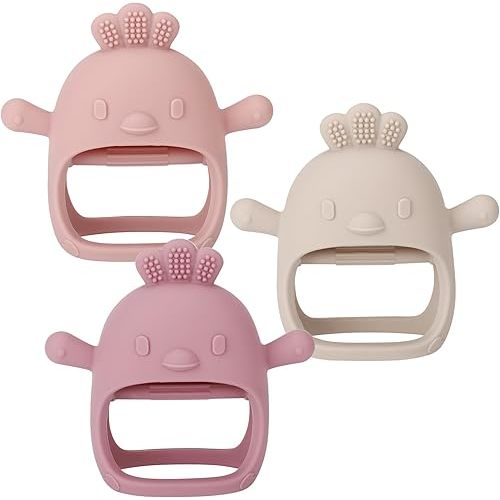 Socub 3 Pack Silicone Baby Teether Toys for Infants 3+ Months, BPA Free Anti-Drop Silicone Mitten Teething Toy for Soothing Sore Gums, Baby Chew Toys for Sucking Needs, Rose Pink,Dark Pink,Beige