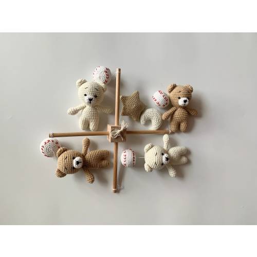 Crochet teddy bears with baseball baby mobile, little cute gift for baby shower . 100% pure handmade.