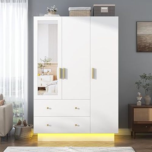 3 Doors Armoire Wardrobe Closet with Mirror, LED Closet with Doors and Drawers, Wooden Storage Cabinet with Hanging Rod, Adjustable Shelves, White