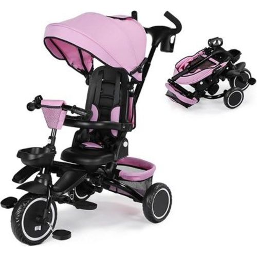 Kinder King 8 in 1 Kids Baby Stroller Tricycle Folding Toddler Trike w/Adjustable Push Handle, Pink