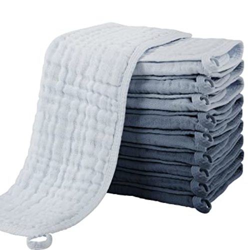 Yoofoss Muslin Burp Cloths for Baby 10 Pack 100% Cotton Baby Washcloths for Boys Girls Large 20''X10'' Super Soft and Absorbent Gradient Blue