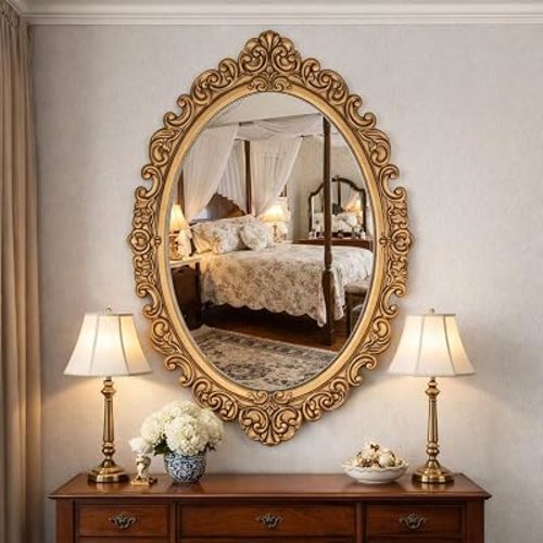 Vercraft 24" x 36" Vintage Gold Mirror for Wall, Antique Gold Oval Baroque Mirror with Imitation Resin Frame, Ornate Wall Decor for Entryway, Fireplace, Living Room, Hallway
