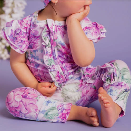 You Had Me At Hydrangea Ruffle Zipper Romper - Cap Sleeves