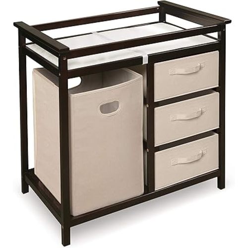 Badger Basket Modern Baby Changing Table with Laundry Hamper, 3 Storage Drawers and Pad, Diaper Change Station - Espresso/Ecru