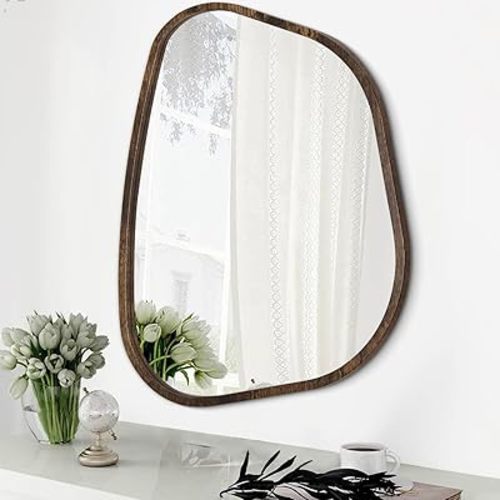 Asymmetrical Mirror Irregular Oval Wall Mirror Modern Wood Frame Unique Shape Wall Mounted Vanity Artistic Mirror Decorative for Living Room Bedroom Bathroom Entryway Hallway 20"x16"